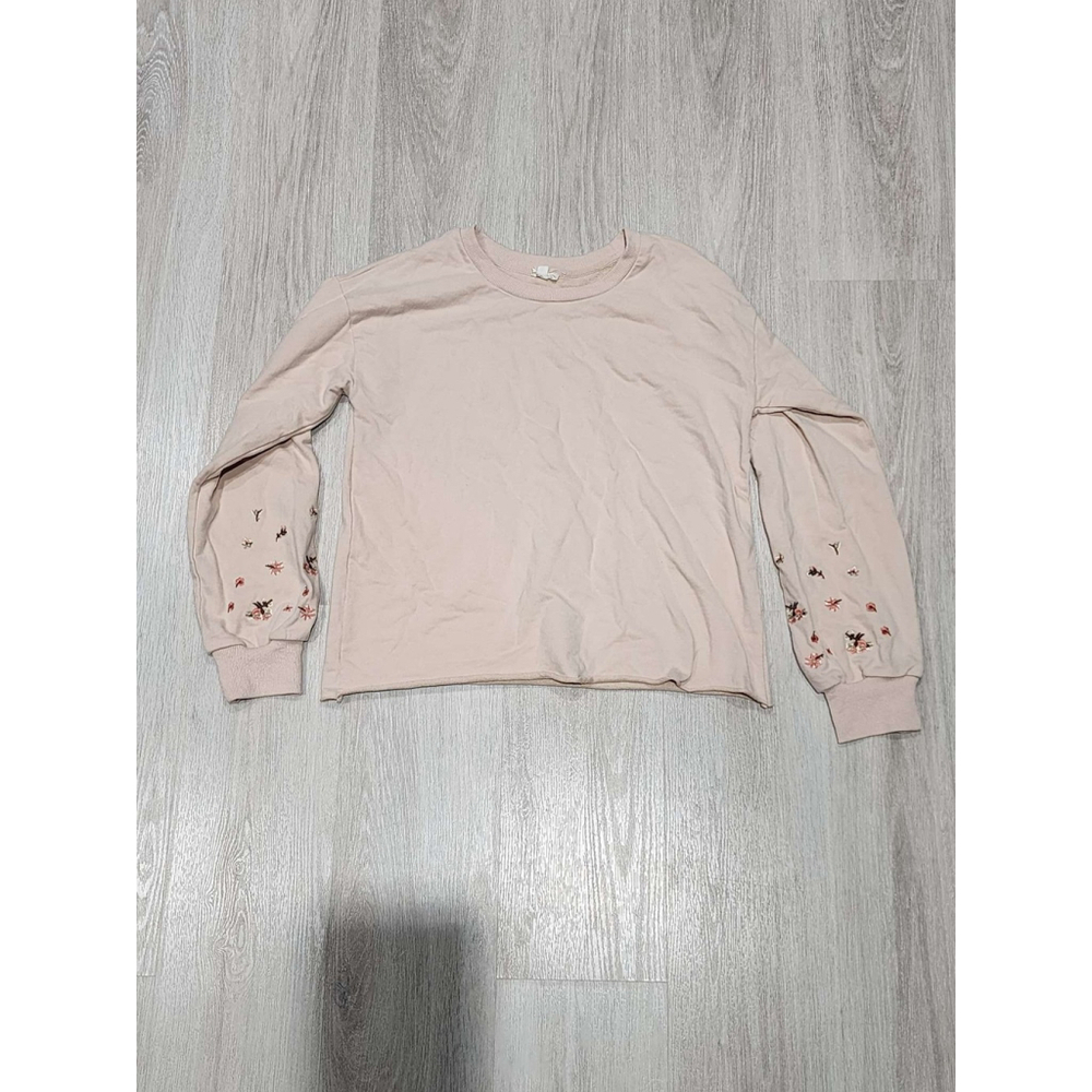 Hem & Thread Embroidered Sleeve Sweatshirt Crew Neck M Beige Long Sleeve Casual